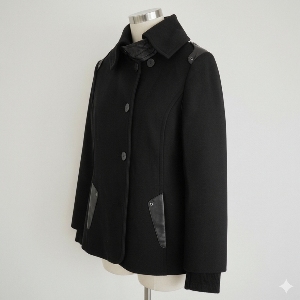 Rudsak Black Wool Coat/ peacoat/ jacket with Leeather Trim , Women Size M - Picture 2 of 16